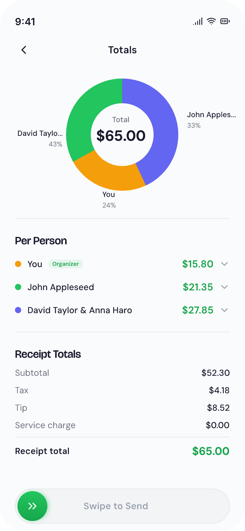 SnapySplit app showing per-person bill totals with a colorful pie chart