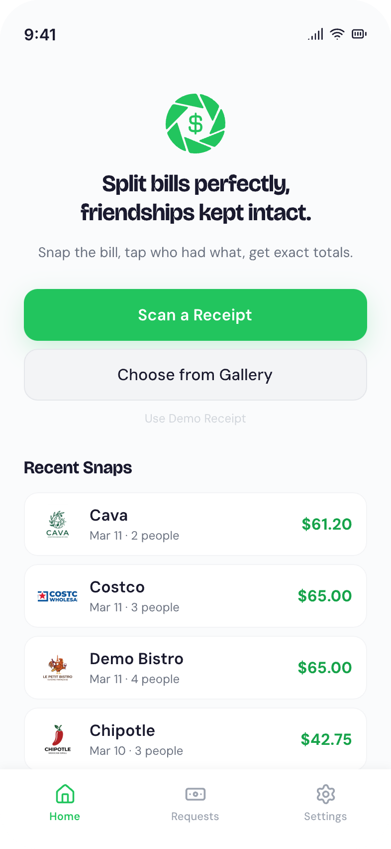 SnapySplit app home screen
